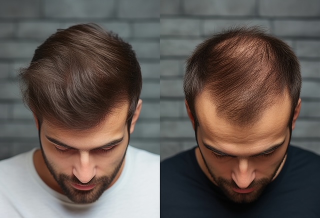 Generative AI collage two photos comparison before after anti hair loss procedure hair treatment.