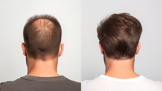 men with front view, comparison of hair before and after transplantation.